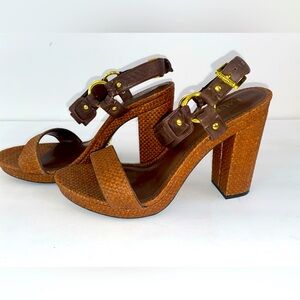 Lauren Ralph Lauren Faustine, Brown Raffia Leather, Open Toe Sandals NWOB